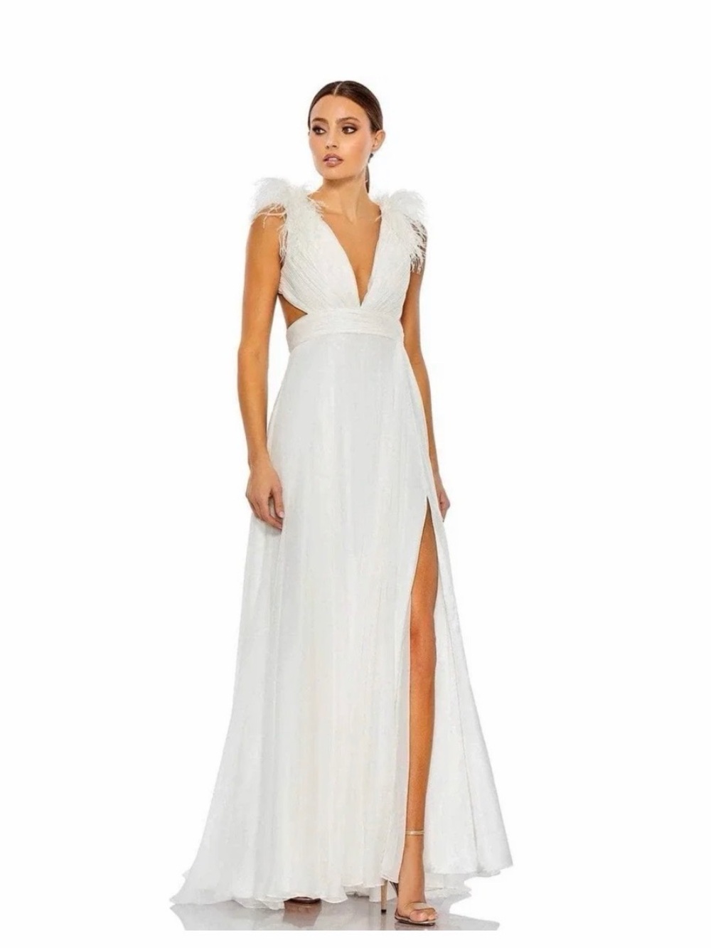 Mac Duggal White Feather-Shoulder V-Neck Maxi Gown